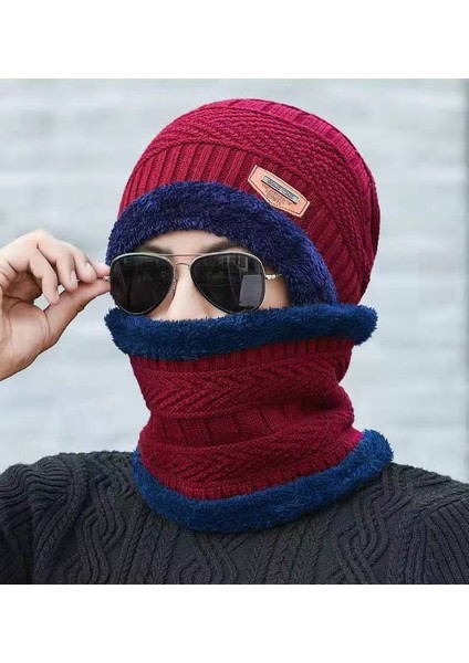 Şapka Erkek Kış Kore Tarzı Peluş Yün Şapka Kalınlaşmış Örme Şapka Sonbahar ve Kış Seti Baotou Pamuk Şapka Sıcak Şapka Kadın Kırmızı Takım Elbise (Yurt Dışından)