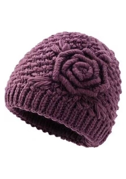 Şapka Kadın Kış Sıcak Şapka Artı Kadife Kalınlaşmış Örme Şapka Pamuk Şapka Mor Büyük Çiçek Bir Boyut (55-60 Cm) (Yurt Dışından)