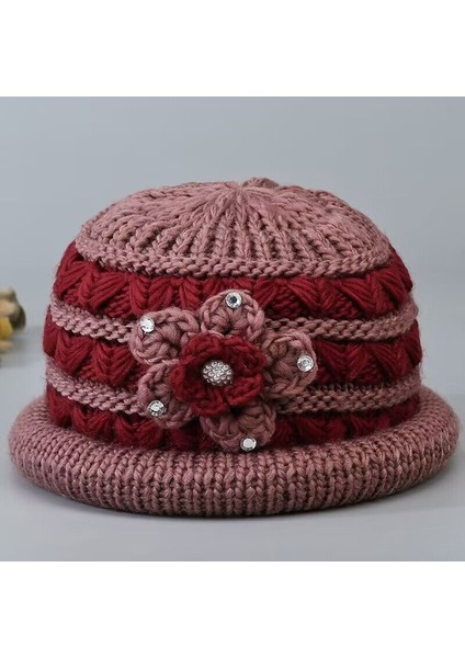 Şapka Kadın Kış Sıcak Şapka Artı Kadife Kalınlaşmış Örme Şapka Pamuk Şapka Bordo Dört Boncuklu Bir Boyut (55-60 Cm) (Yurt Dışından)