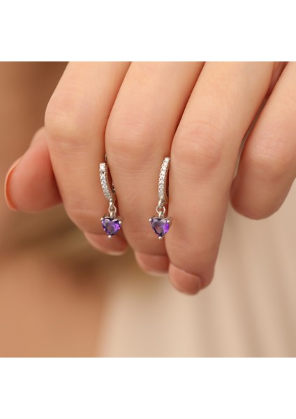 Nox Jewelry 925 Ayar Gümüş Zirkon Taşlı Mor Kalp Damla Küpe