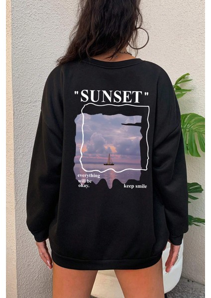 Unisex Sunset Baskılı Bisiklet Yaka Sweatshirt