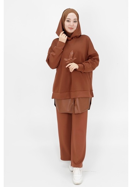 10366 Scuba Deri Garnili Kuş Baskı Detaylı Kapşonlu Sweatshirt