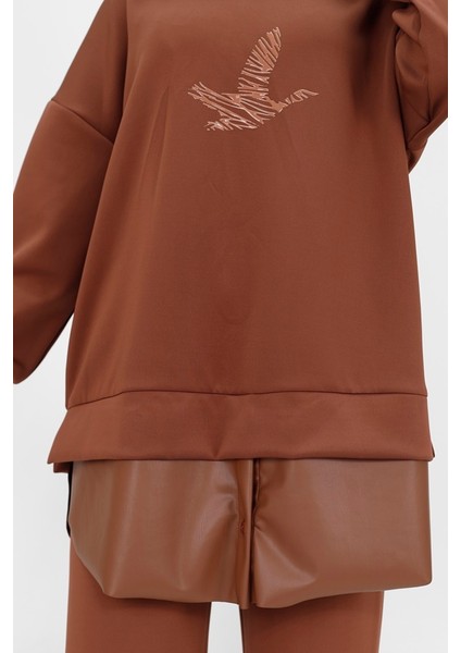 10366 Scuba Deri Garnili Kuş Baskı Detaylı Kapşonlu Sweatshirt