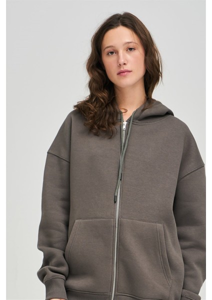 Unisex Fermuarlı Antrasit Oversize Sweatshirt