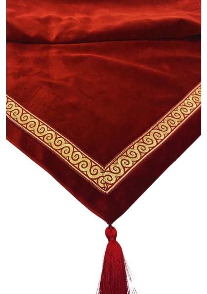 Bordo Gold Şeritli Püsküllü Kadife Runner 50X150