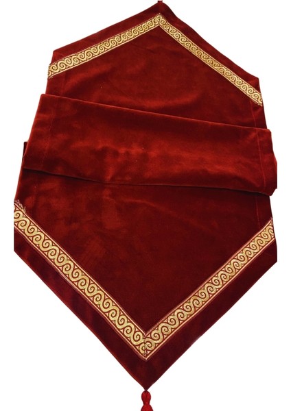 Bordo Gold Şeritli Püsküllü Kadife Runner 50X150