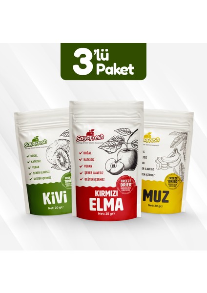 Dondurularak Kurutulmuş Meyve 3'lü Set 3 (Kırmızı Elma 25G, Muz 30G, Kivi 20G)