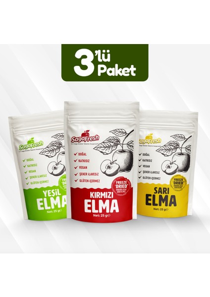 Dondurularak Kurutulmuş Meyve 3'lü Elma Paketi (Kırmızı Elma 25G, Yeşil Elma 25G, Sarı Elma 25G)