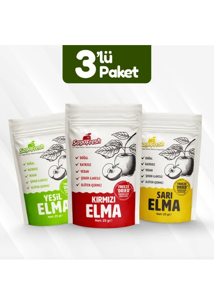 Saga Fresh Dondurularak Kurutulmuş Meyve 3'lü Elma Paketi (Kırmızı Elma 25G, Yeşil Elma 25G, Sarı Elma 25G)