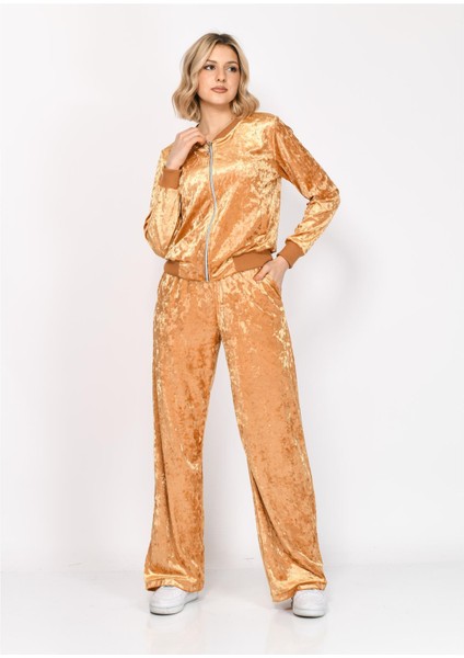 Kadın Janjanlı Kadife Alt Üst Eşofman Takımı Hardal indirimleri
