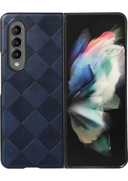 Seashell Digital Samsung Galaxy Z Fold3 5g Için Izgara Dokusu Telefon Kasası, Pu Deri Kaplı Pc+Tpu Hibrid Kapak Kabuk-Mavi (Yurt Dışından)