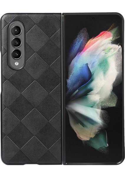 Samsung Galaxy Z Fold3 5g Için Izgara Dokusu Telefon Kasası, Pu Deri Kaplı Pc+Tpu Hibrid Kapak Kabuk-Siyah (Yurt Dışından)