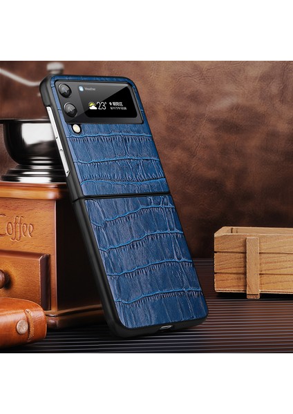 Samsung Galaxy Z Flip3 Için 5g Timsah Doku Orijinal Deri Kaplama Anti-Kılpma Sert Pc Telefon Vaka-Mavisi (Yurt Dışından)