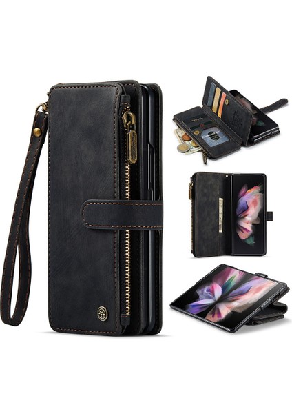 Samsung Galaxy Z Fold3 Için 5g Fermuarı Cep Cüzdan Bump Düzeltısı Pu Deri Çoklu Kart Yuvaları Stand Telefon Kapağı Black (Yurt Dışından)