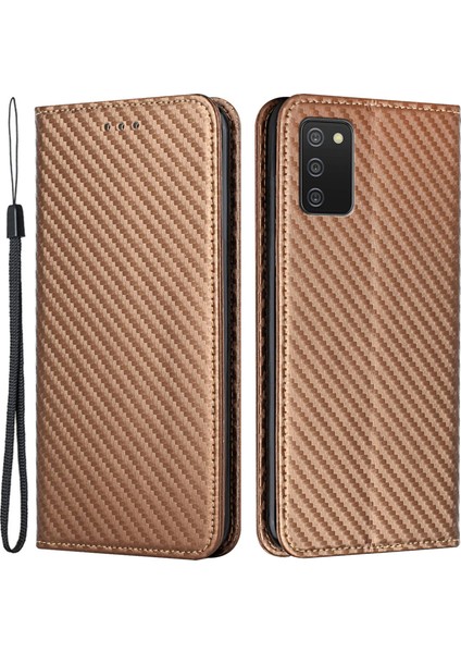 Pu Deri Telefon Kılıfı Hafif Anti-Cratch Karbon Fiber Doku Stand Cüzdan Tasarımı Otomatik Emici Telefon Kabuğu Samsung Galaxy A03S (166.5 x 75.98 x 9.14MM) -Brown (Yurt Dışından)