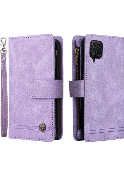 Çizgiler Baskılı Cilt Touch Cüzdan Stand Deri Kapak Kart Yuvaları Samsung Galaxy A12-PURPLE Için Fermuar Cepi ile Iyi Korumalı Telefon Kılıfı (Yurt Dışından)