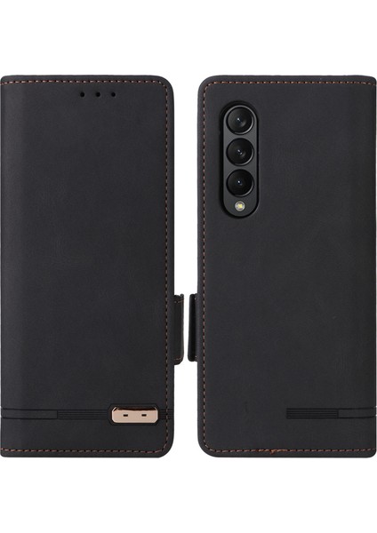 Samsung Galaxy Z Fold3 Için 5g Donanım Tasarımı Pu Deri Kılıf Cüzdan Stand Çift Manyetik Toka Telefon Kapak Black (Yurt Dışından)
