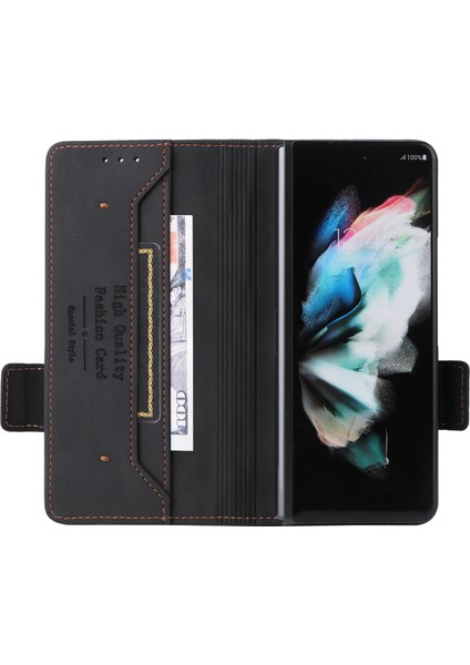 Samsung Galaxy Z Fold3 Için 5g Donanım Tasarımı Pu Deri Kılıf Cüzdan Stand Çift Manyetik Toka Telefon Kapak Black (Yurt Dışından)