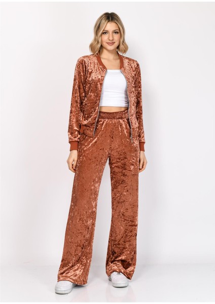 Kadın Janjanlı Kadife Alt Üst Eşofman Takımı Kiremit modelleri