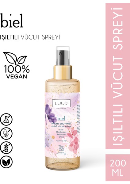 Luur Cosmetics & More Biel Vücut Spreyi Simli, Işıltılı Uzun Süre Kalıcı Koku, Nemlendiricili 200 ml