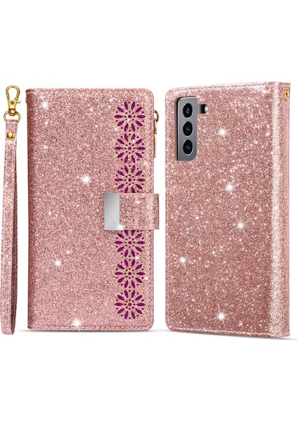 Lazer Oyma Işıltılı Yıldız Tarzı Manyetik Toka Fermuar Cüzdan Standı Deri Telefon Kasası Samsung Galaxy S22 5g-Rose Altın (Yurt Dışından)