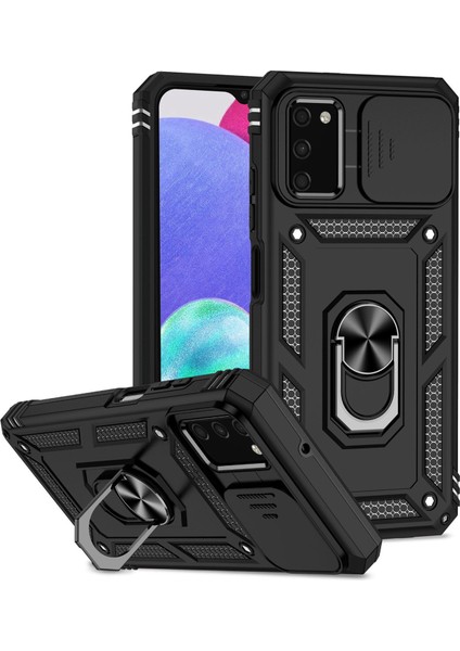 Samsung Galaxy A03S (164.2 x 75.9 x 9.1mm) Yüzük Kickstand Telefon Kasası Anti-Fall Koruma Sert Pc+Tpu Kablosu Slayt Kamera Koruma Kapağı Black (Yurt Dışından)