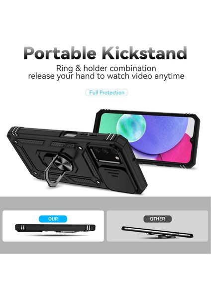 Samsung Galaxy A03S (164.2 x 75.9 x 9.1mm) Yüzük Kickstand Telefon Kasası Anti-Fall Koruma Sert Pc+Tpu Kablosu Slayt Kamera Koruma Kapağı Black (Yurt Dışından)