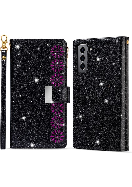 Lazer Oyma Işıltılı Yıldız Tarzı Manyetik Toka Fermuar Cüzdan Standı Deri Telefon Kasası Samsung Galaxy S22 5g-Black (Yurt Dışından)