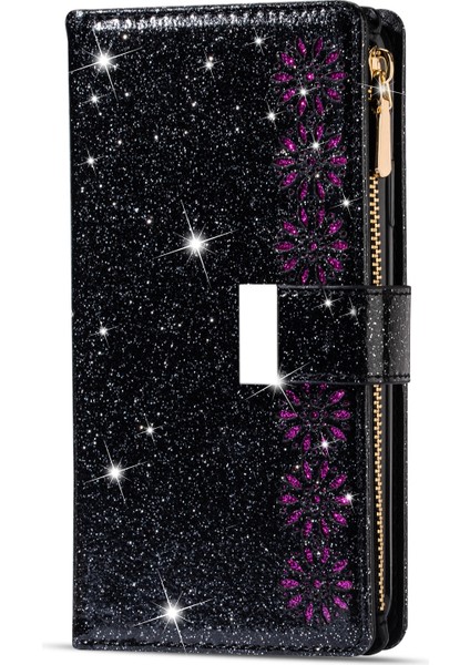 Lazer Oyma Işıltılı Yıldız Tarzı Manyetik Toka Fermuar Cüzdan Standı Deri Telefon Kasası Samsung Galaxy S22 5g-Black (Yurt Dışından)
