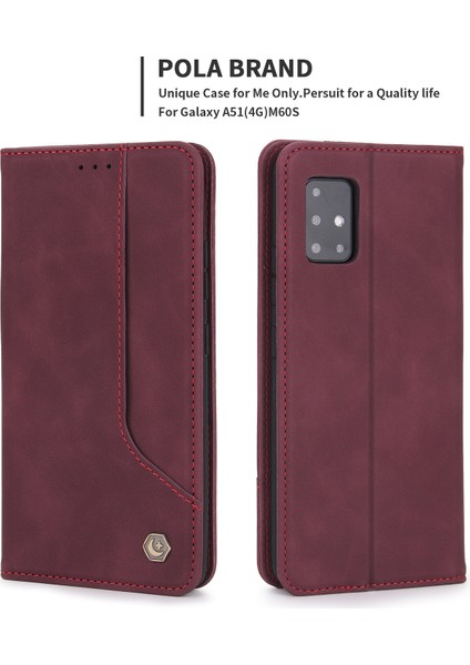 Retro Style Pu Deri Cüzdan Kılıfı Folio Flip Stand Koruyucu Telefon Kapağı Samsung Galaxy A51 4g SM-A515-WINE Kırmızı (Yurt Dışından)