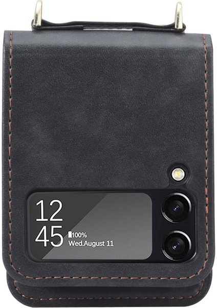 Samsung Galaxy Z Flip4 Için Bir Parçalı Tasarım Anti-Cratch Pu Deri+Pc ile Long Lanyard Kart Tutucu Black ile 5g Telefon Kılıfı (Yurt Dışından)