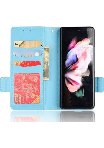 Samsung Galaxy Z Fold3 Için 5g Yan Manyetik Toka Litchi Doku Pu Deri Telefon Kasası Standı Cüzdan Folio Flip Kapak Bebek Mavisi (Yurt Dışından)