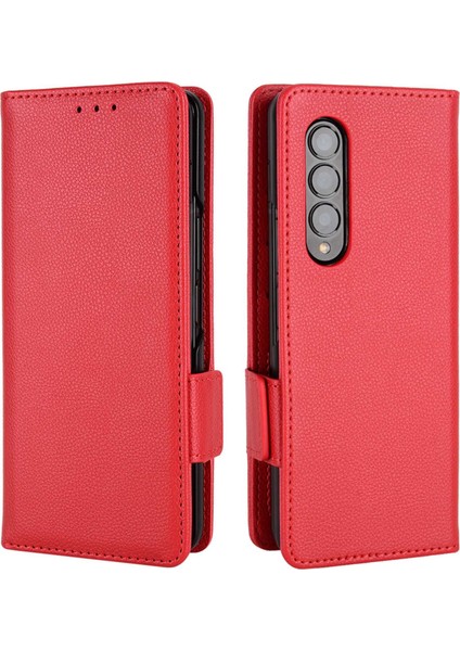 Samsung Galaxy Z Fold3 Için 5g Tarafı Manyetik Toka Litchi Doku Pu Deri Telefon Çantası Standı Cüzdan Folio Flip Kapak-Kırmızı (Yurt Dışından)