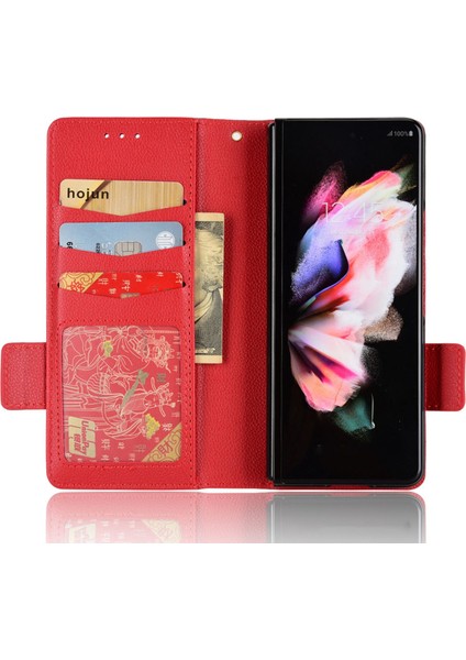 Samsung Galaxy Z Fold3 Için 5g Tarafı Manyetik Toka Litchi Doku Pu Deri Telefon Çantası Standı Cüzdan Folio Flip Kapak-Kırmızı (Yurt Dışından)