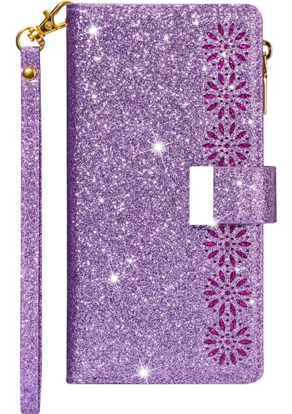 Damgaya Dayanıklı Lazer Işçiliği Yıldızlı Tarzı Fermuar Cüzdan Standı Deri Telefon Kasası Samsung Galaxy A53 5g-Purple Için (Yurt Dışından)
