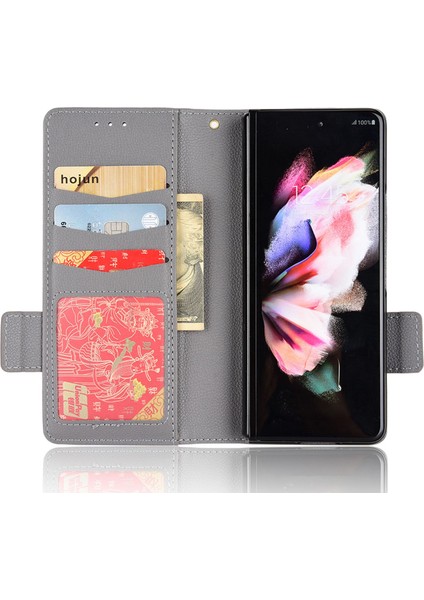 Samsung Galaxy Z Fold3 Için 5g Yan Manyetik Toka Litchi Doku Pu Deri Telefon Kılıfı Stand Cüzdan Folio Flip Cover-Grey (Yurt Dışından)