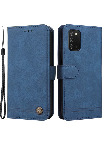 Pu Deri Flip Telefon Kapak Kartı Yuvaları Telefon Çevirme Kasası Retro Ağaç Desen Metal Düğmesi Dekor Stant Cüzdanı Samsung Galaxy A03S (164.2 x 75.9 x 9.1mm) -Blue (Yurt Dışından)