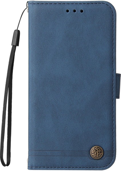 Pu Deri Flip Telefon Kapak Kartı Yuvaları Telefon Çevirme Kasası Retro Ağaç Desen Metal Düğmesi Dekor Stant Cüzdanı Samsung Galaxy A03S (164.2 x 75.9 x 9.1mm) -Blue (Yurt Dışından)