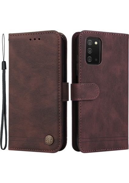 Pu Deri Flip Telefon Kapağı Kartı Yuvaları Telefon Flip Kasa Retro Ağaç Desen Metal Düğmesi Dekor Stant Cüzdanı Samsung Galaxy A03S (164.2 x 75.9 x 9.1mm) -Brown (Yurt Dışından)