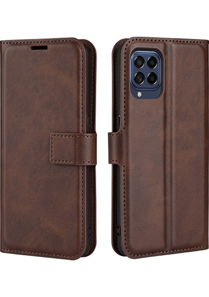 Samsung Galaxy Için M33 5g (Global Versiyon) Manyetik Toka Dokulu Pu Deri Stand Telefon Kılıfı Cüzdan Folio Flip Cover-Brown (Yurt Dışından)