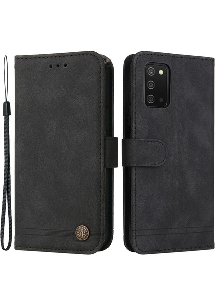 Pu Deri Flip Telefon Kapak Kartı Yuvaları Telefon Çevirme Kasası Retro Ağaç Desen Metal Düğmesi Dekor Stant Cüzdanı Samsung Galaxy A03S (164.2 x 75.9 x 9.1mm) -Black (Yurt Dışından)