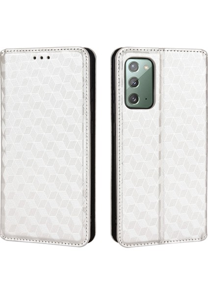 Samsung Galaxy NOTE20 Için 4g/5g Telefon Koruyucu Kabuk Eşdendish Rhombus Baskılı Pu Deri Manyetik Otomatik Absorbed Stand Cüzdan Kapağı Case-Silver (Yurt Dışından)