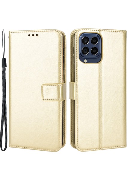 Samsung Galaxy Için M33 5g (Global Versiyon) Çılgın At Doku Cüzdan Flip Kapak Pu Deri Tpu Iç Kabuk Manyetik Kapanma Stand Stand Folio Kılıf Strap-Gold (Yurt Dışından)
