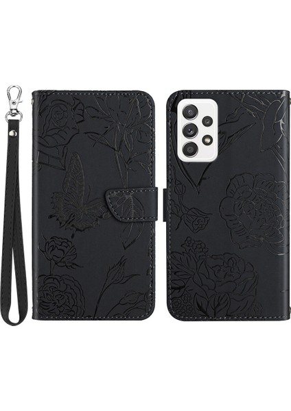 Samsung Galaxy A73 Için 5g Baskılı Kelebek Pu Pu Deri Deri Cüzdan Kılıf Manyetik Folio Stand Cilt Touch Telefon Kapağı El Strap-Black (Yurt Dışından)