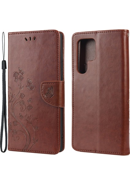 Baskı Kelebekler Çiçekler Stand Cüzdan Deri Kapağı Tpu Telefon Kılıfı Samsung Galaxy S22 Ultra 5g-Brown (Yurt Dışından)