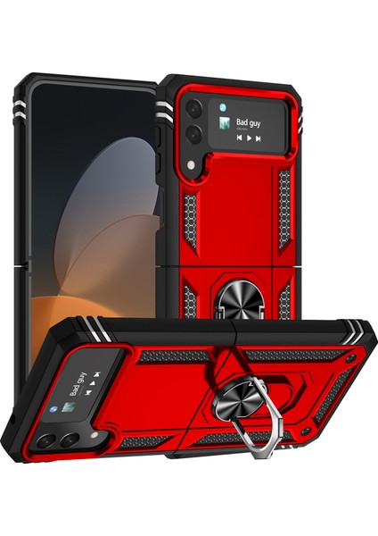 Samsung Galaxy Z Flip4 Için 5g Askeri Sınıf Koruma Telefon Kılıfı Tpu+Pc Kickstand Kapak Dahili Metal Kırmızısı (Yurt Dışından)