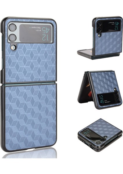 Samsung Galaxy Z Flip4 Için 5g Anti-Çizgiye Karşıdüz Rhombus Baskalı Katlanır Telefon Kılıf Anti Drop Pu Deri Kaplamalı Pc Kapak Mavisi (Yurt Dışından)