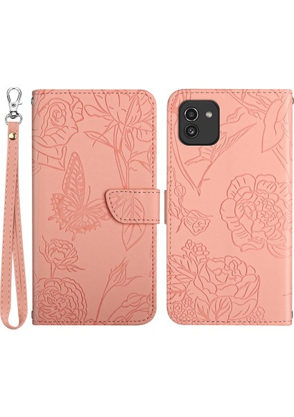 Samsung Galaxy A03 Için (164.2 x 75.9 x 9.1mm) Cilt Dokunuşu Deri Çanta Kelebek Çiçeği Basılı Cüzdanı Bilek Kayış-Pembe ile Koruyucu Kapak (Yurt Dışından)