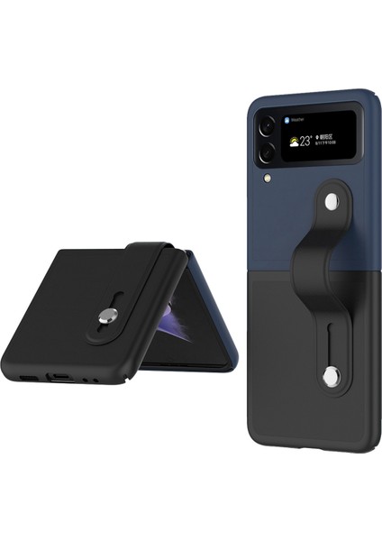 Samsung Galaxy Z Flip4 Için 5g Pu Deri Kaplamalı Pc Telefon Kılıfı Bilek Band Kickstand Tasarım Kontrast Renk Kapağı Black/safir (Yurt Dışından)