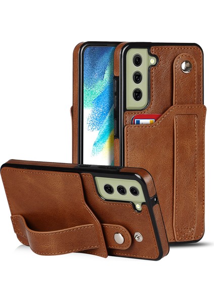El Kayışı Kickstand Rfıd Engelleme Fonksiyonu Anti-Drop Pu Deri Kaplamalı Tpu Telefon Kılıfı Samsung Galaxy S21 Fe 5G/S21 Fan Edition-Brown Için Kart Yuvası (Yurt Dışından)